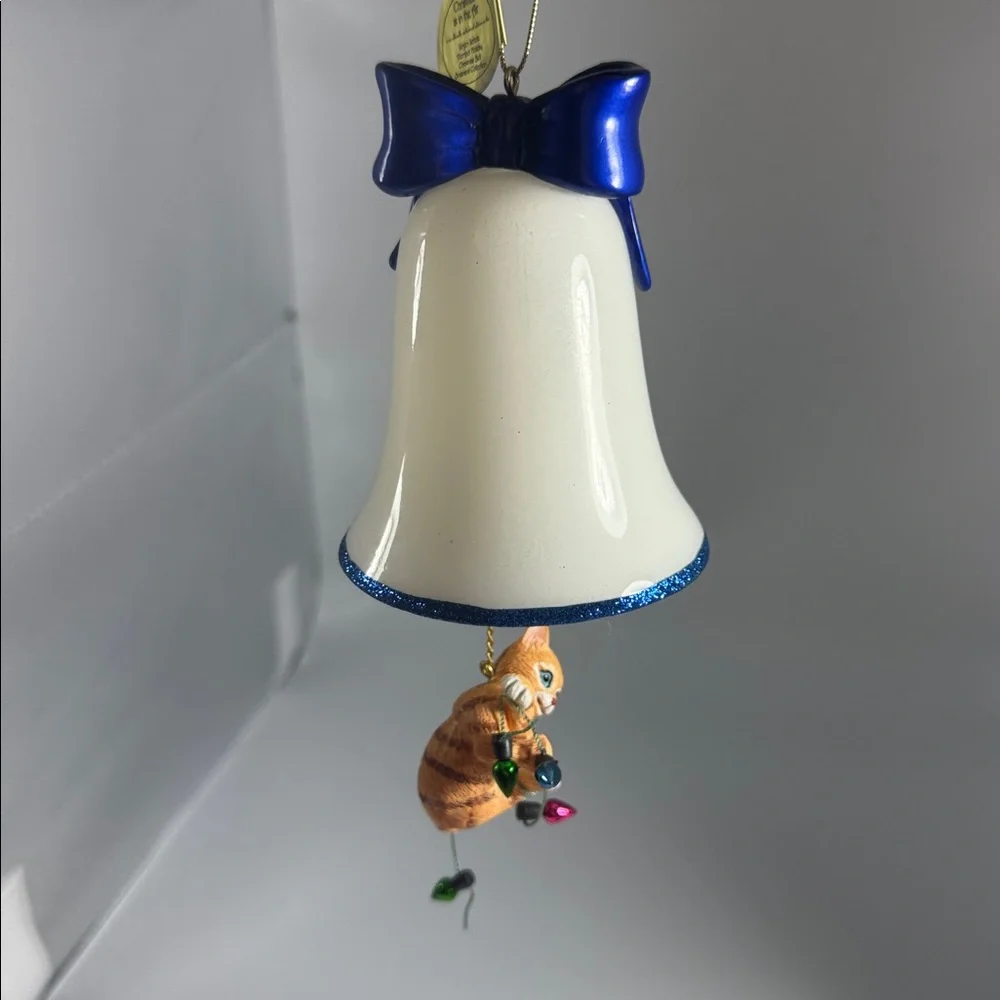 Bradford Exchange Cat Bell Christmas Ornament with Blue Bow
